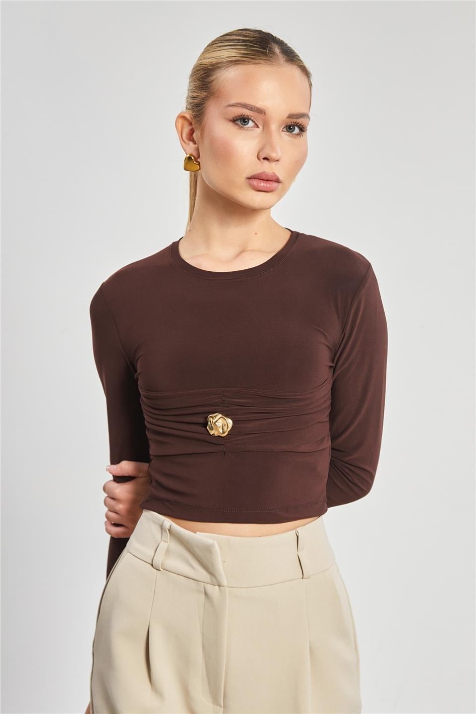 Gold düğmeli sandy bluz-13805 - Kahve