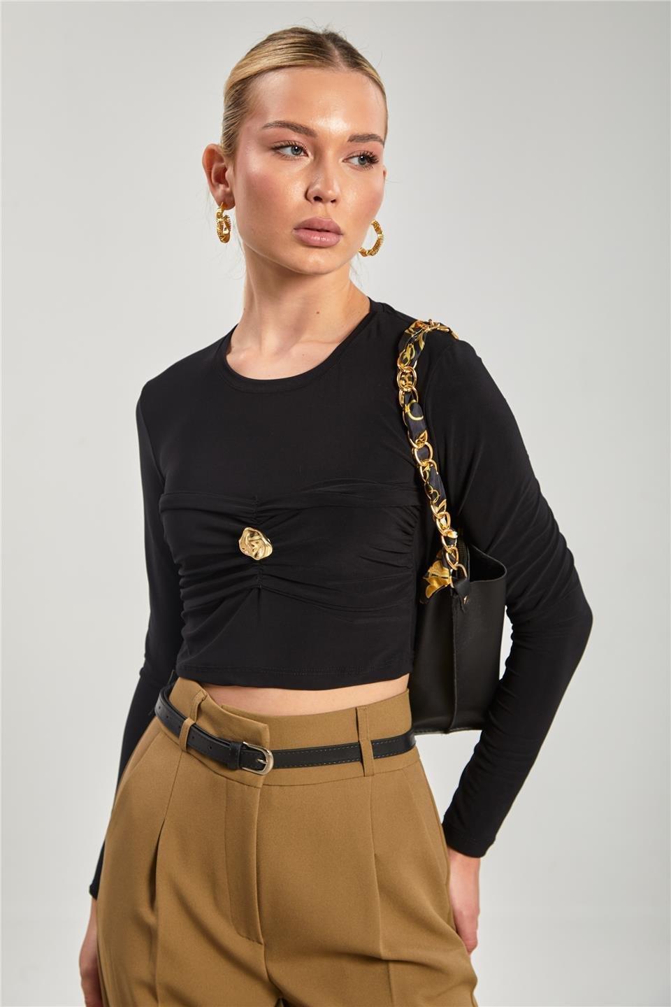 Gold düğmeli sandy bluz-13805 - Siyah