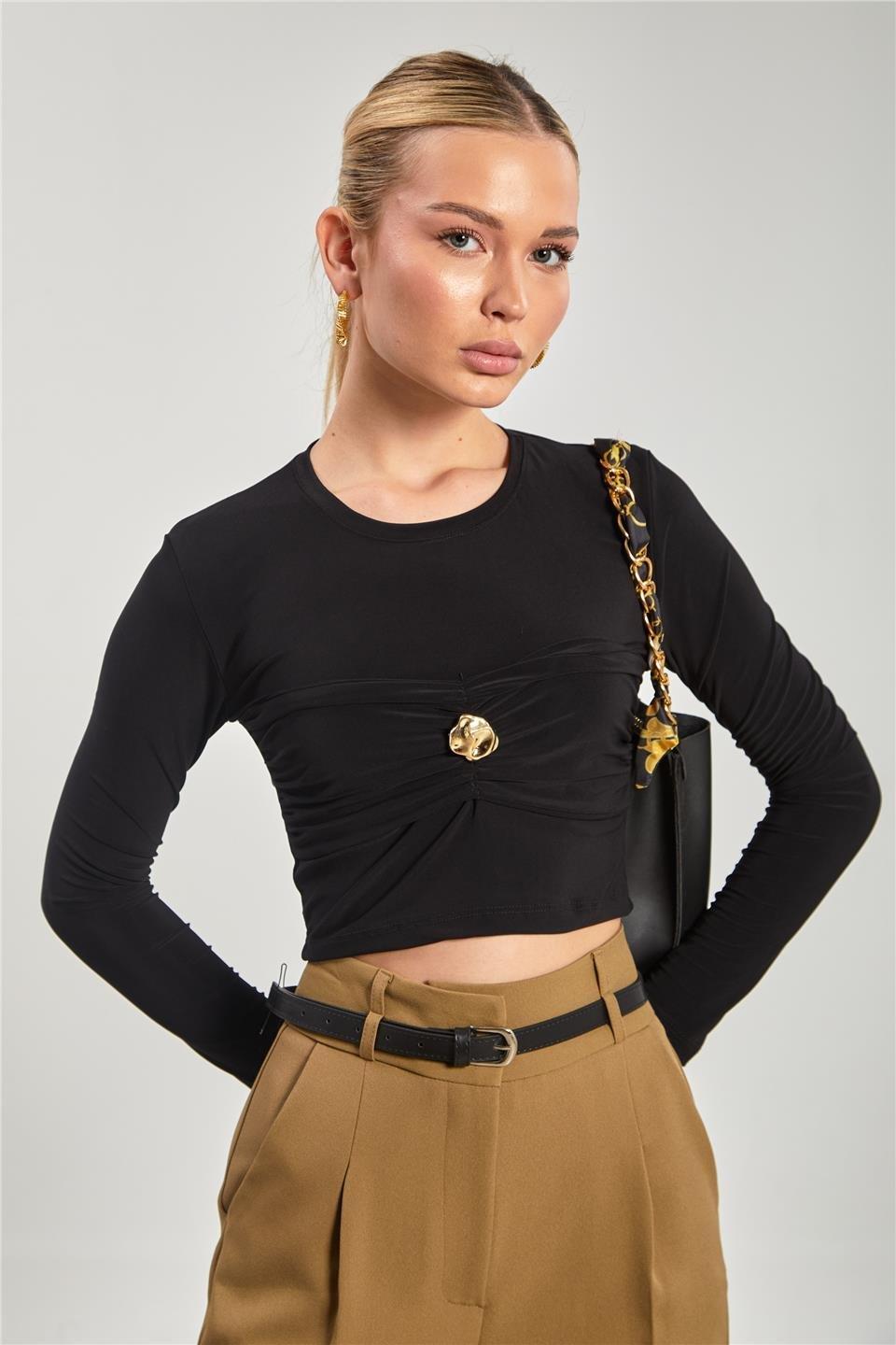 Gold düğmeli sandy bluz-13805 - Siyah