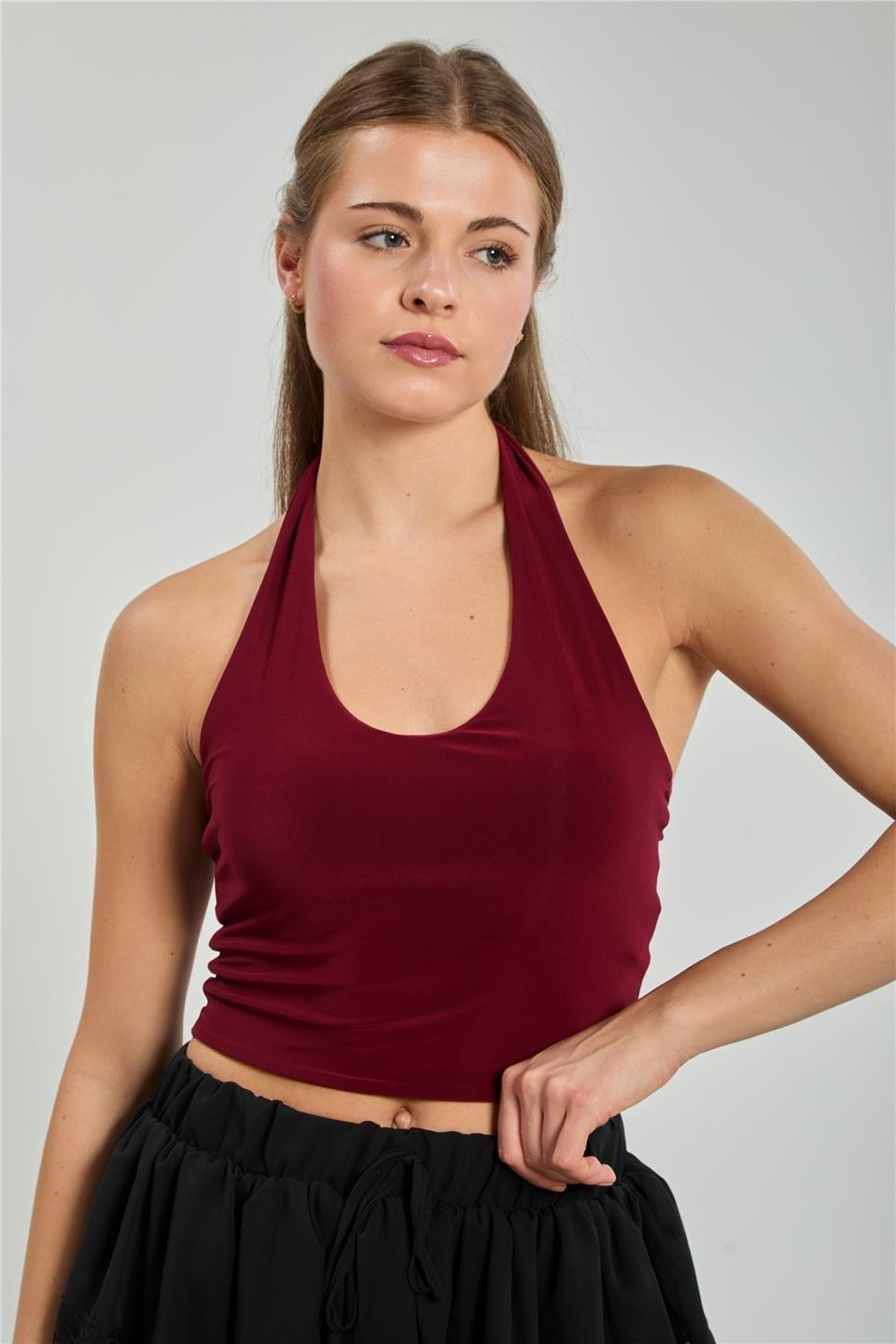 Halter yaka bluz-13835 - Bordo