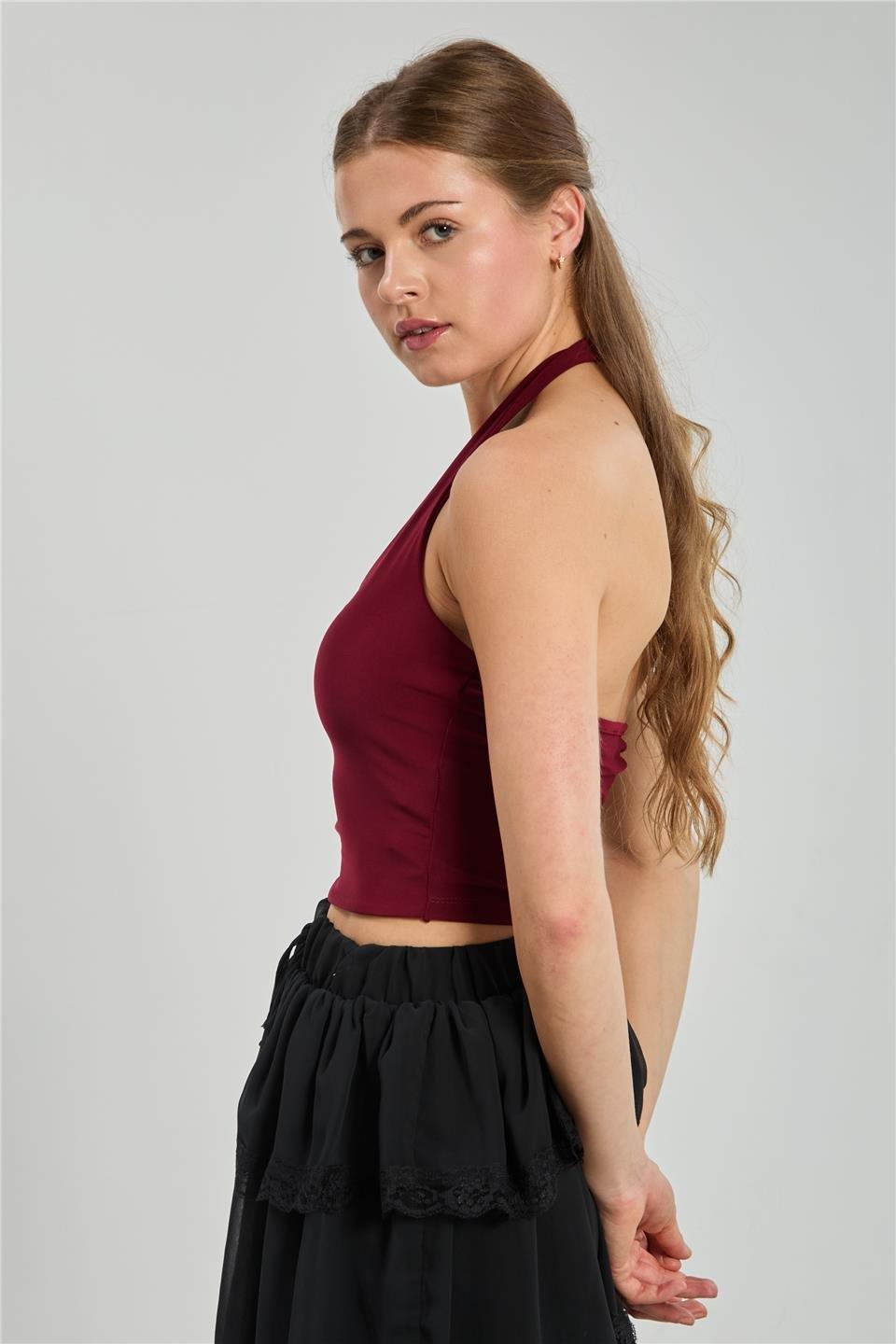Halter yaka bluz-13835 - Bordo