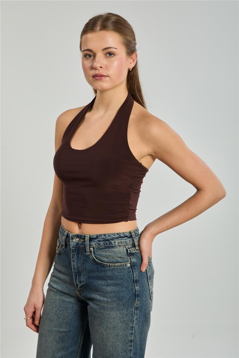 Halter yaka bluz-13835 - Kahve