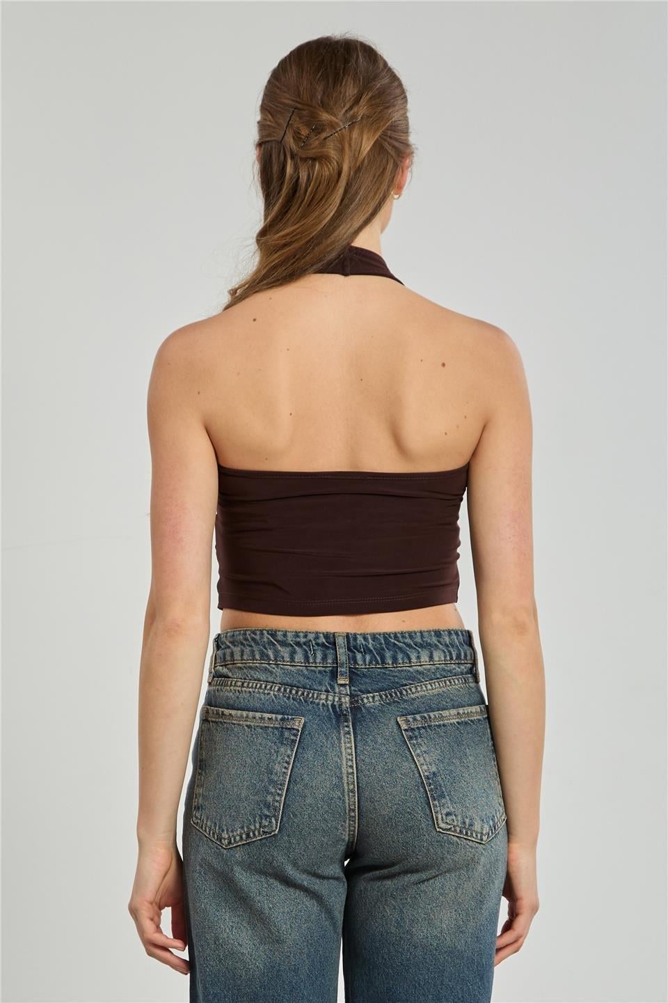 Halter yaka bluz-13835 - Kahve