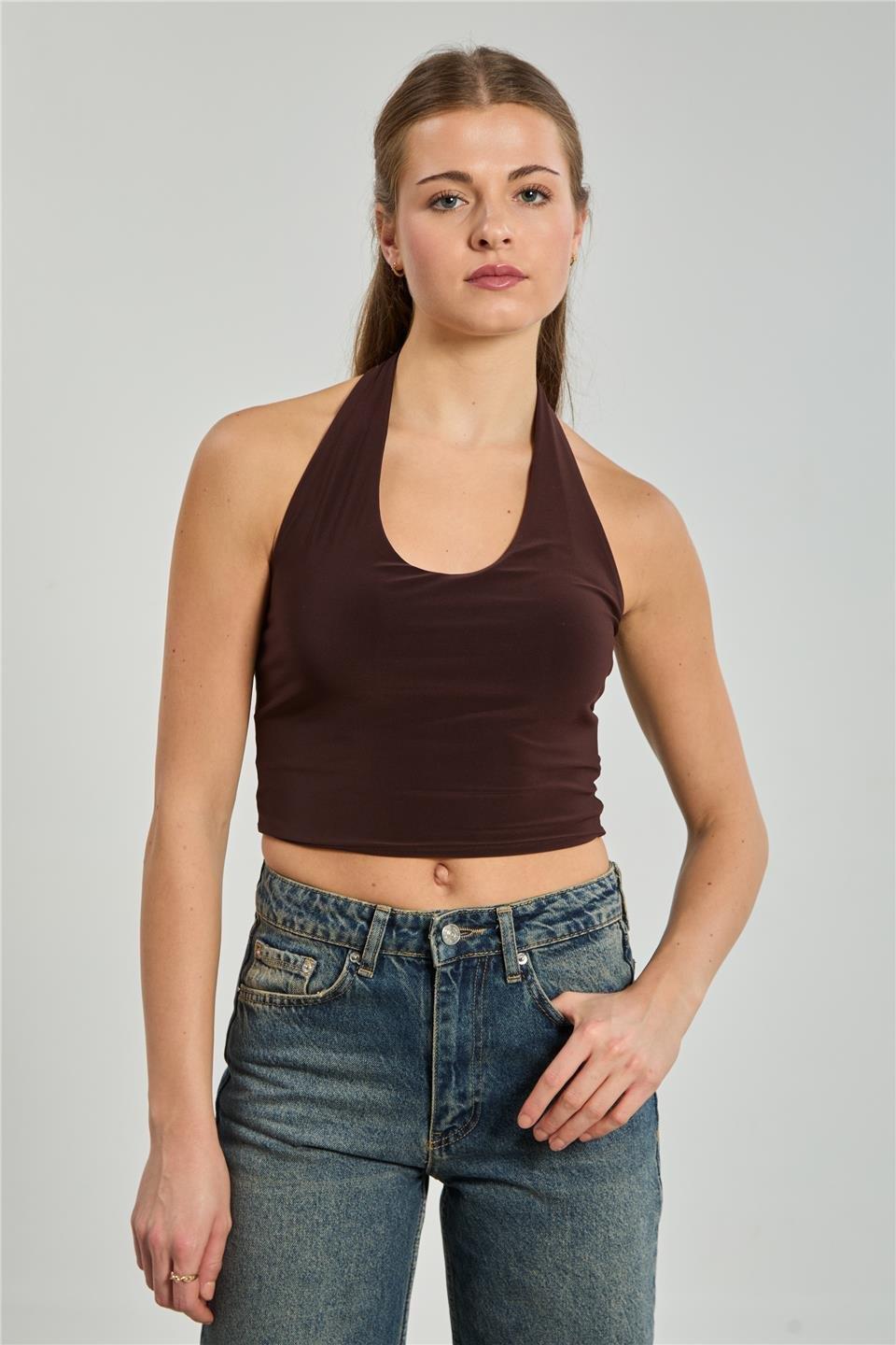 Halter yaka bluz-13835 - Kahve