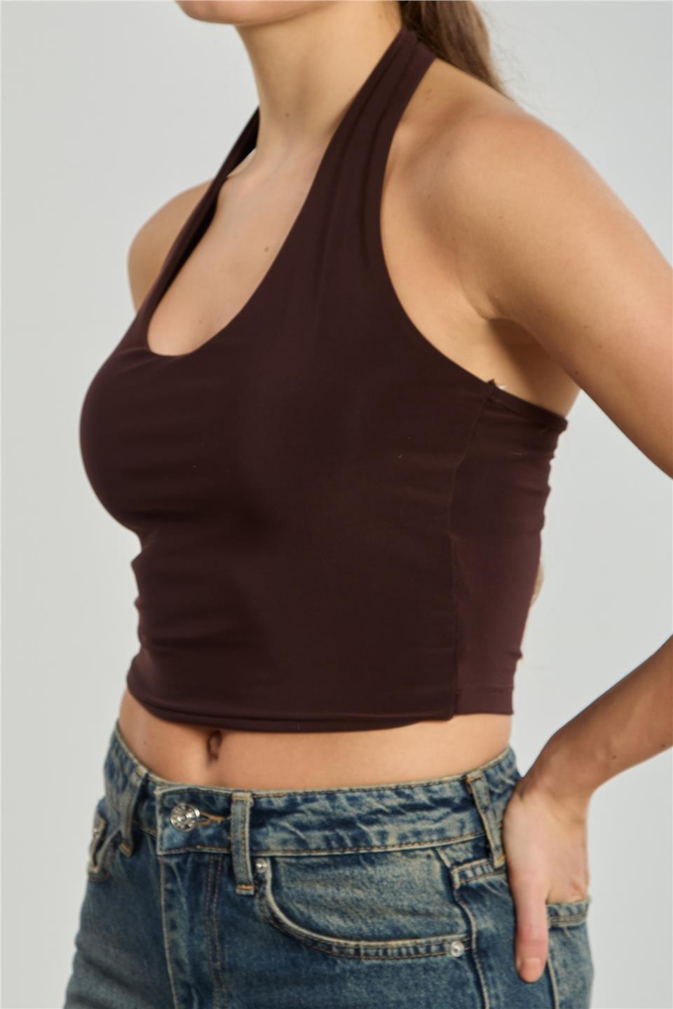 Halter yaka bluz-13835 - Kahve