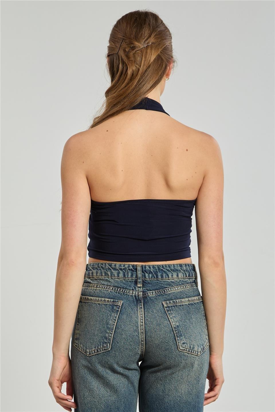 Halter yaka bluz-13835 - Lacivert