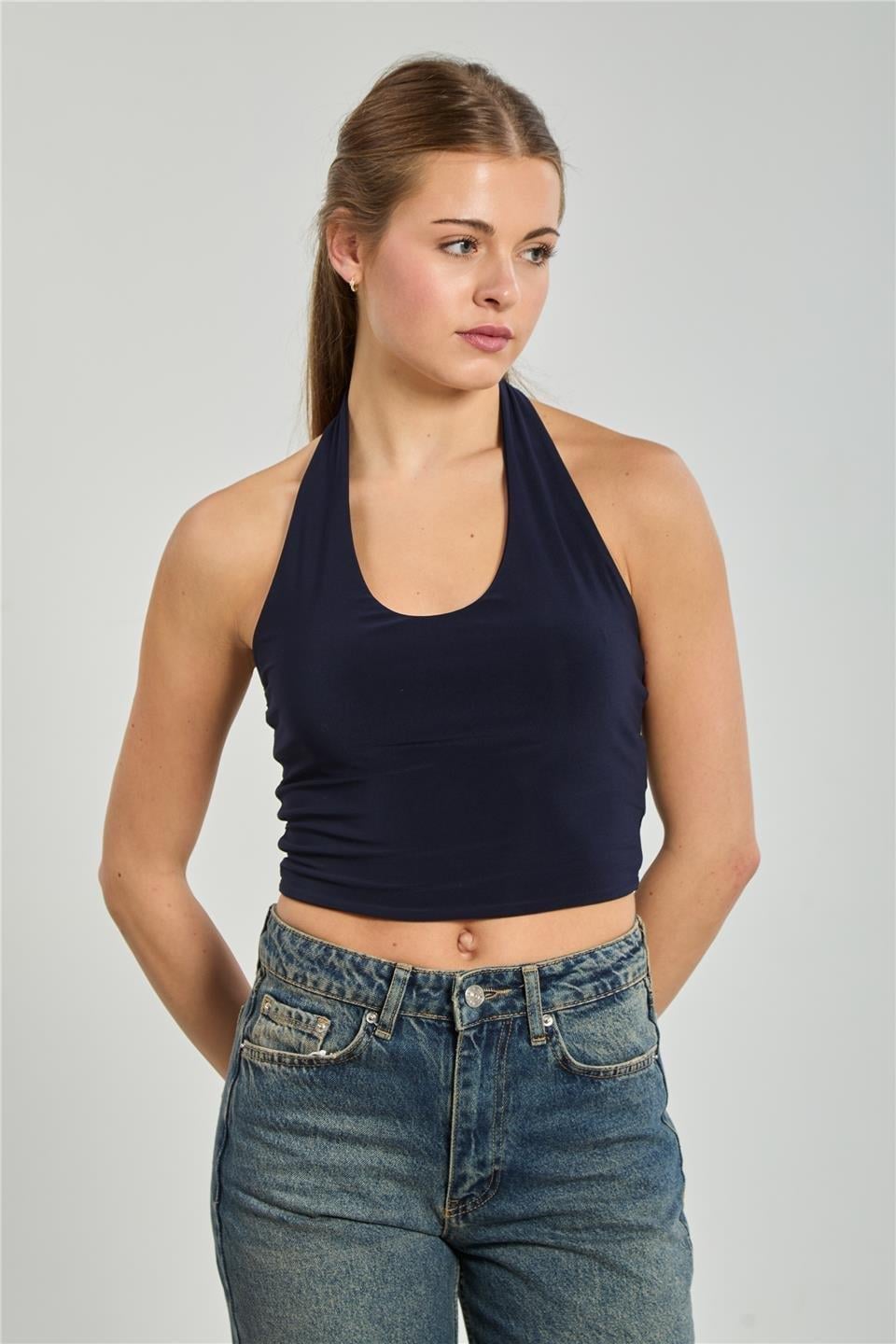 Halter yaka bluz-13835 - Lacivert