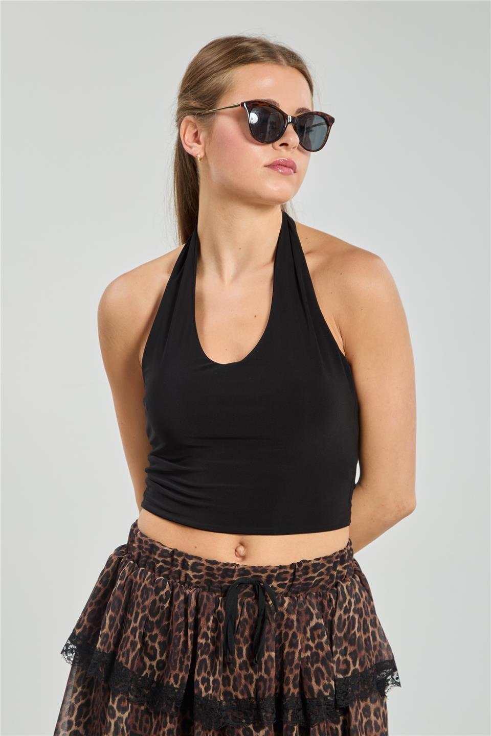 Halter yaka bluz-13835 - Siyah