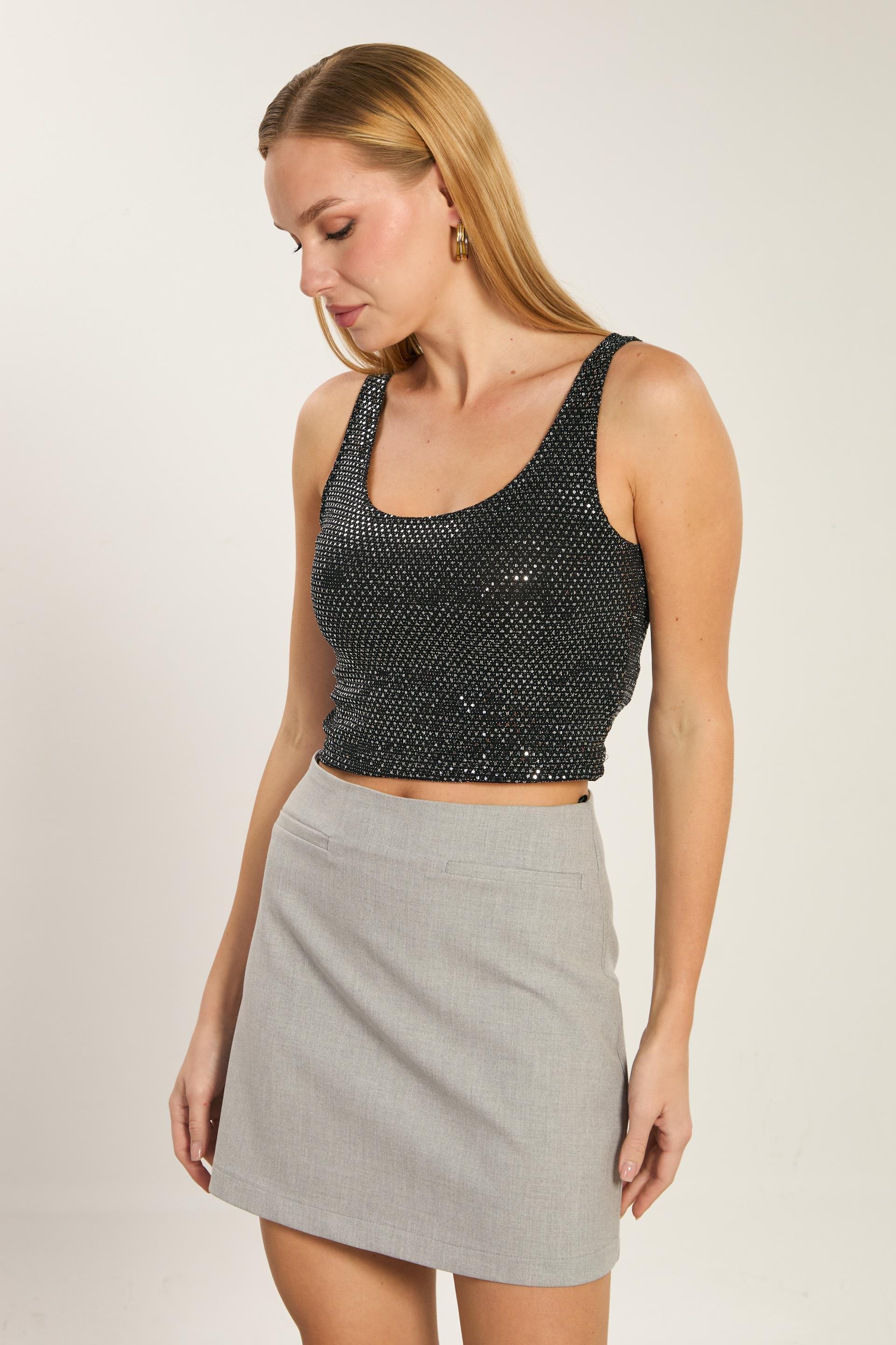 Kalın askılı parıltılı crop bluz-2723 - Siyah