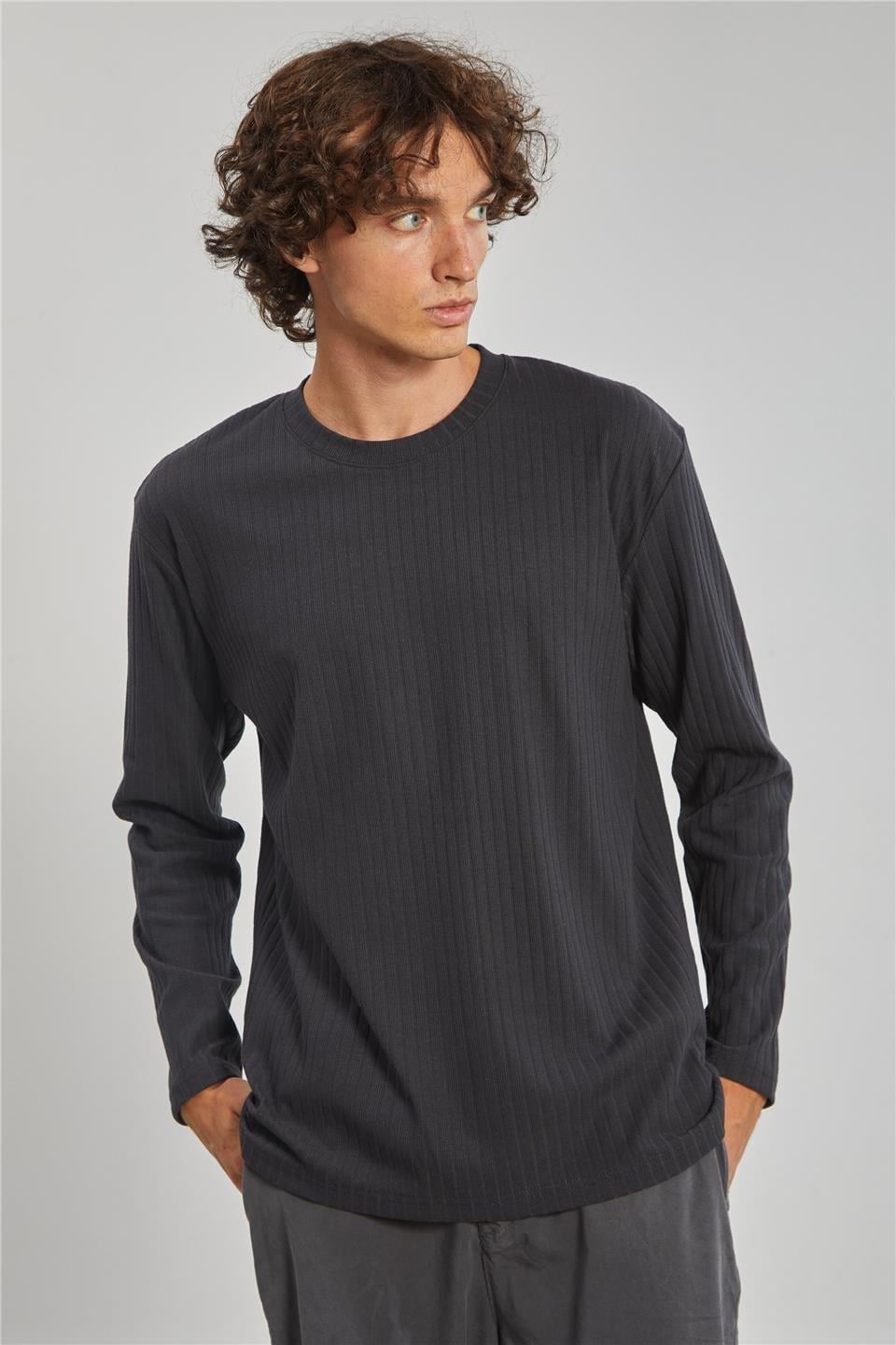 Kalın çizgili kaşkorse sweatshirt-1255 - Antrasit