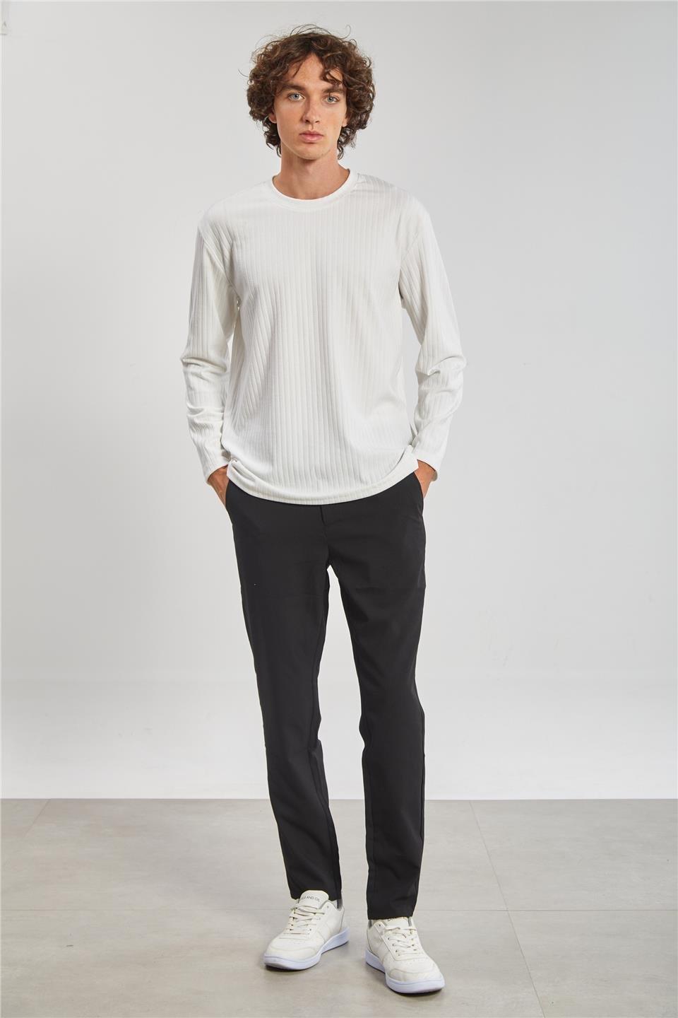 Kalın çizgili kaşkorse sweatshirt-1255 - Ekru