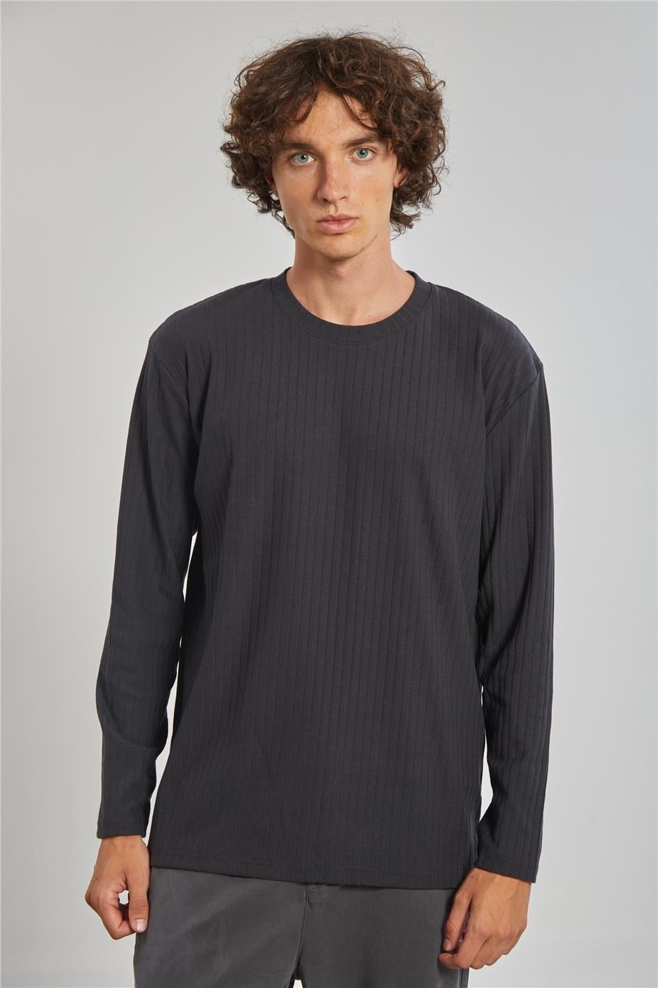 Kalın çizgili kaşkorse sweatshirt-1255 - Antrasit
