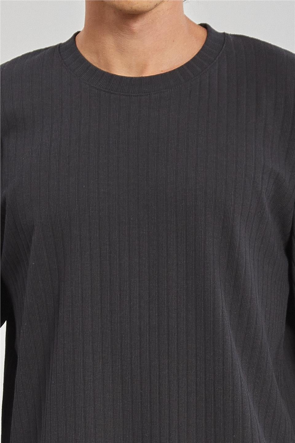 Kalın çizgili kaşkorse sweatshirt-1255 - Antrasit