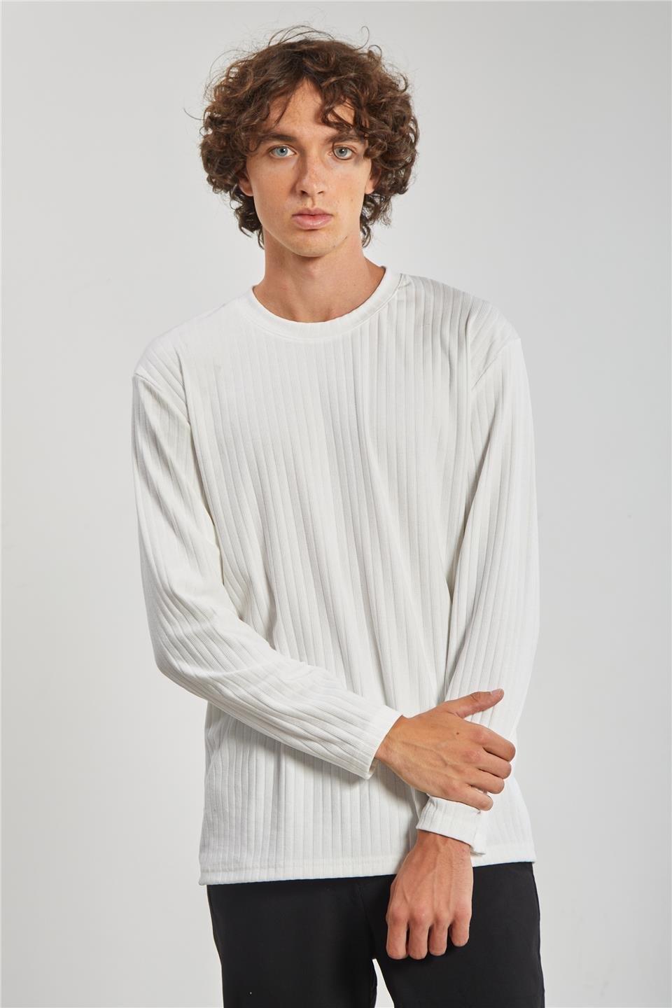 Kalın çizgili kaşkorse sweatshirt-1255 - Ekru