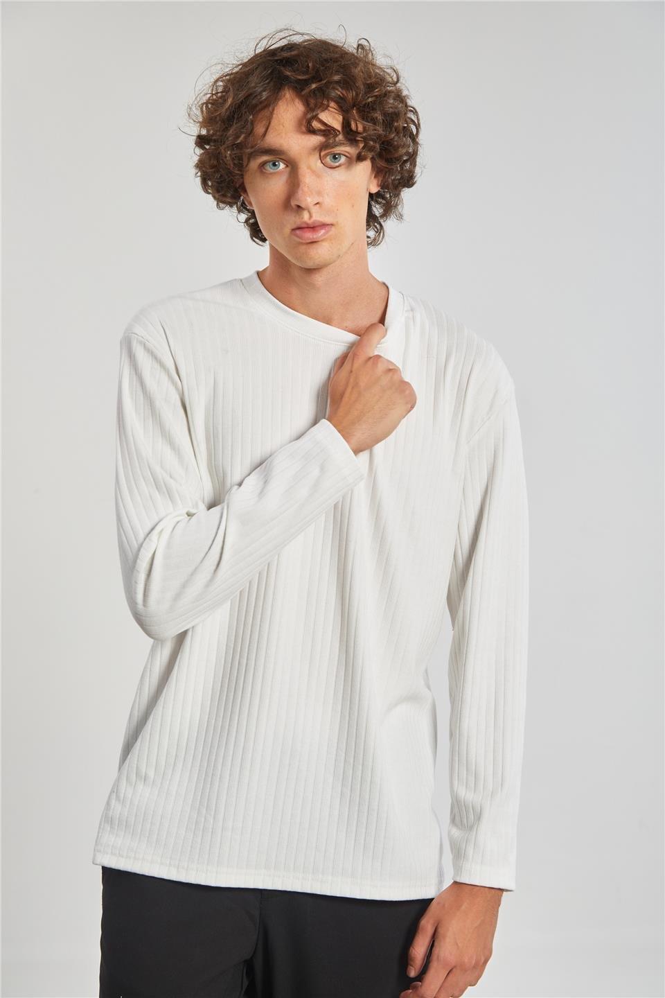 Kalın çizgili kaşkorse sweatshirt-1255 - Ekru