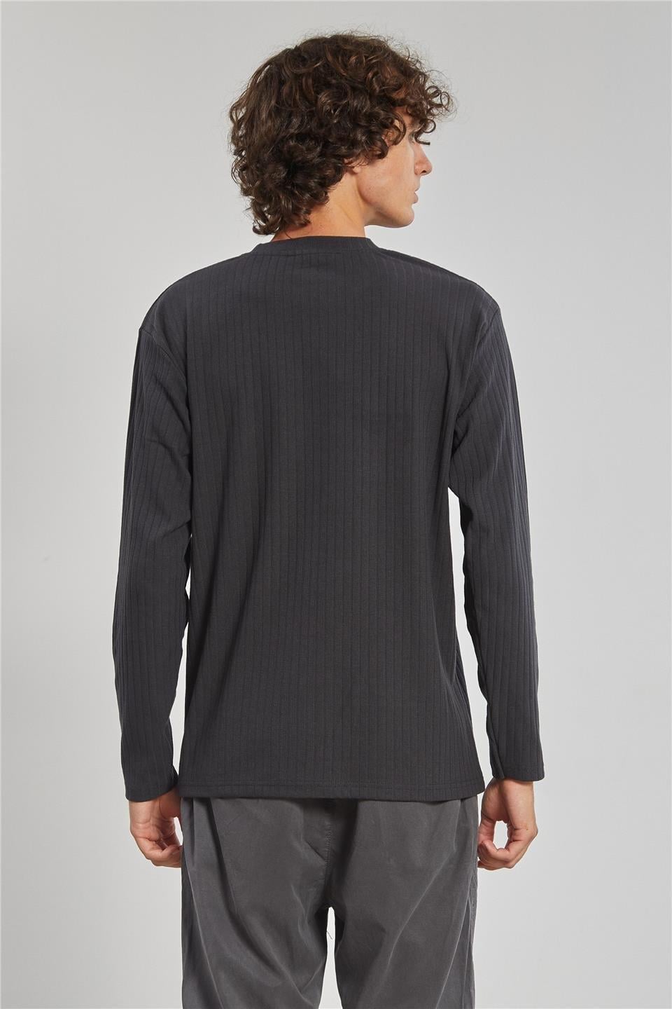 Kalın çizgili kaşkorse sweatshirt-1255 - Antrasit