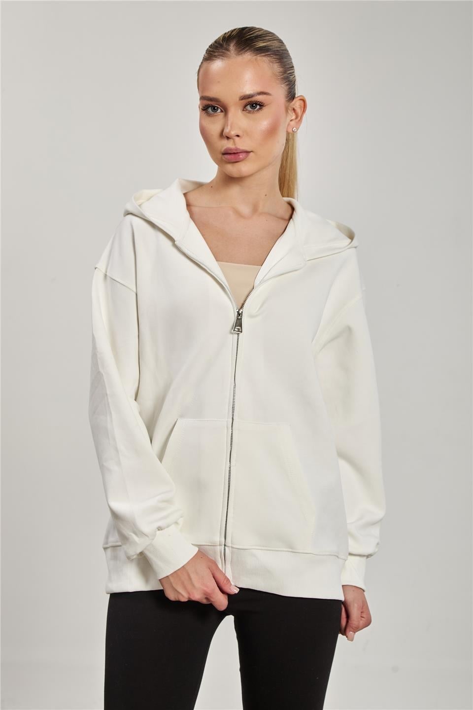 Kapüşonlu fermuarlı kanguru cepli sweatshirt-10820 - Ekru