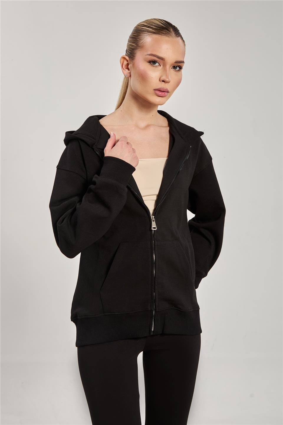 Kapüşonlu fermuarlı kanguru cepli sweatshirt-10820 - Siyah
