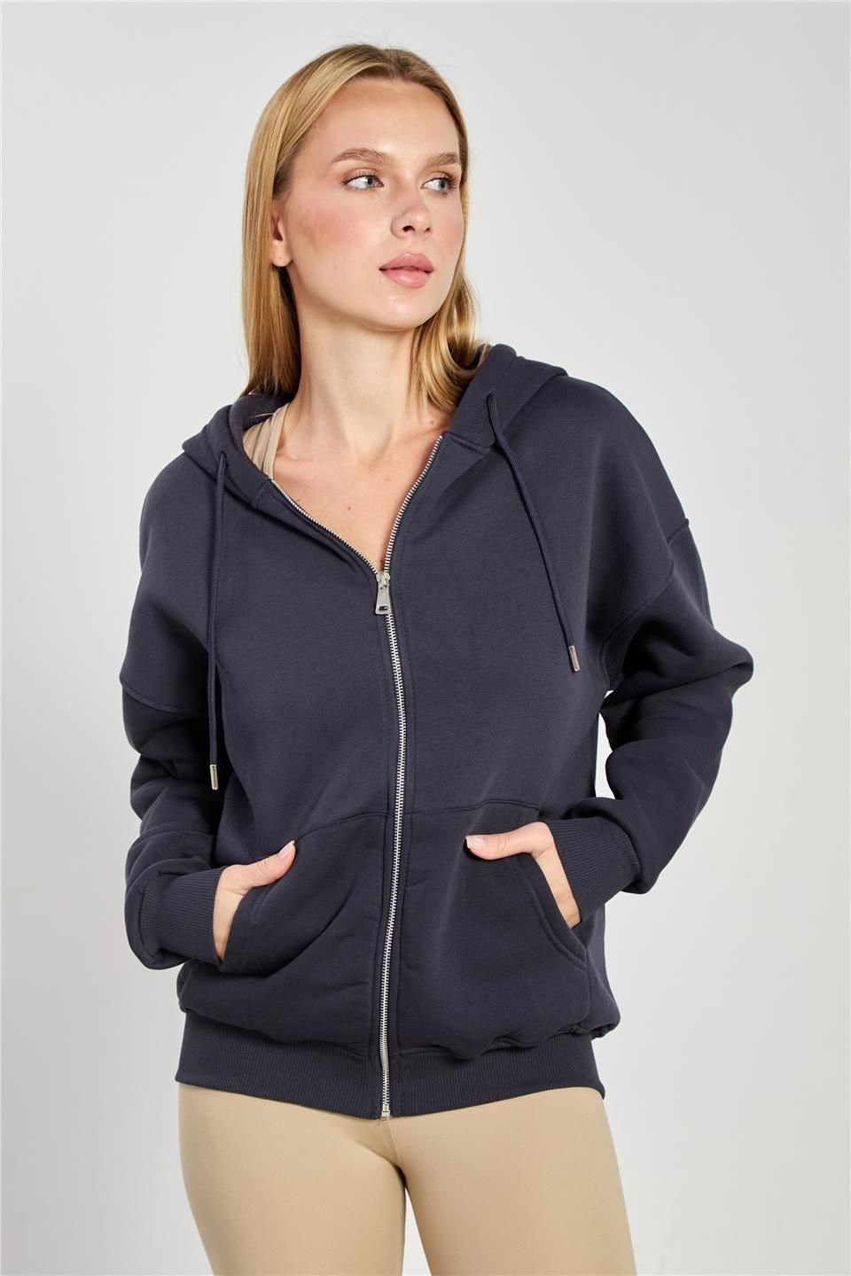 Kapüşonlu fermuarlı sweatshirt-DVN0032 - B.Antrasit