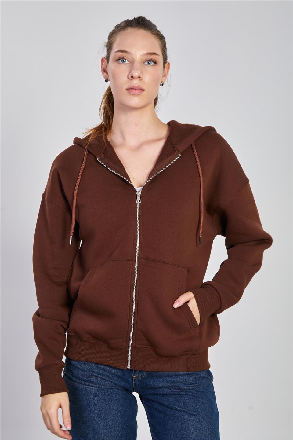 Kapüşonlu fermuarlı sweatshirt-DVN0032 - Kahve