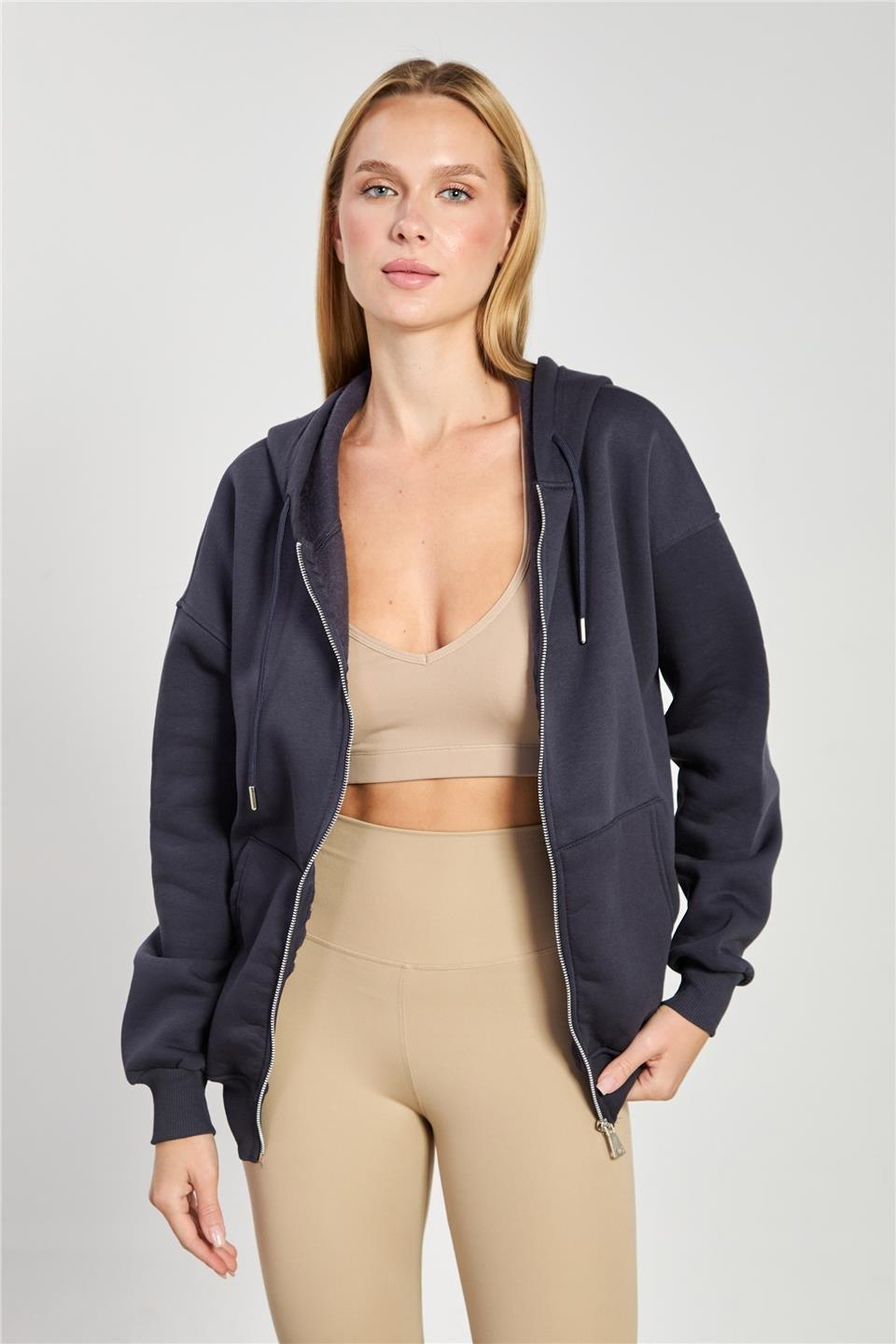 Kapüşonlu fermuarlı sweatshirt-DVN0032 - B.Antrasit