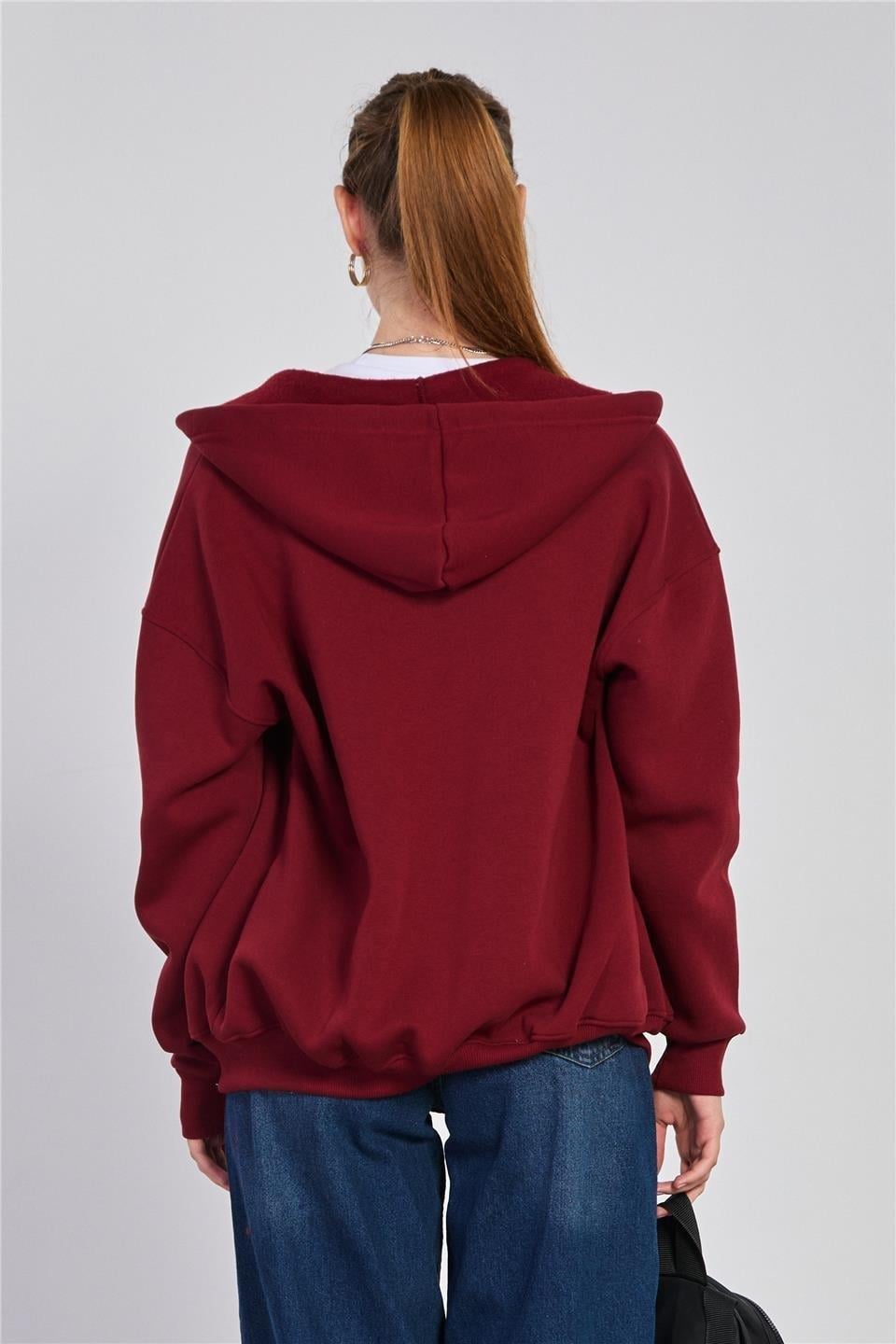 Kapüşonlu fermuarlı sweatshirt-DVN0032 - Vişne