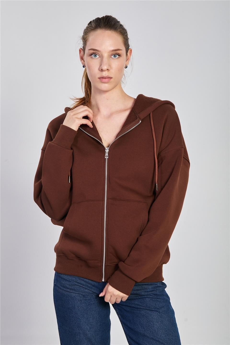 Kapüşonlu fermuarlı sweatshirt-DVN0032 - Kahve