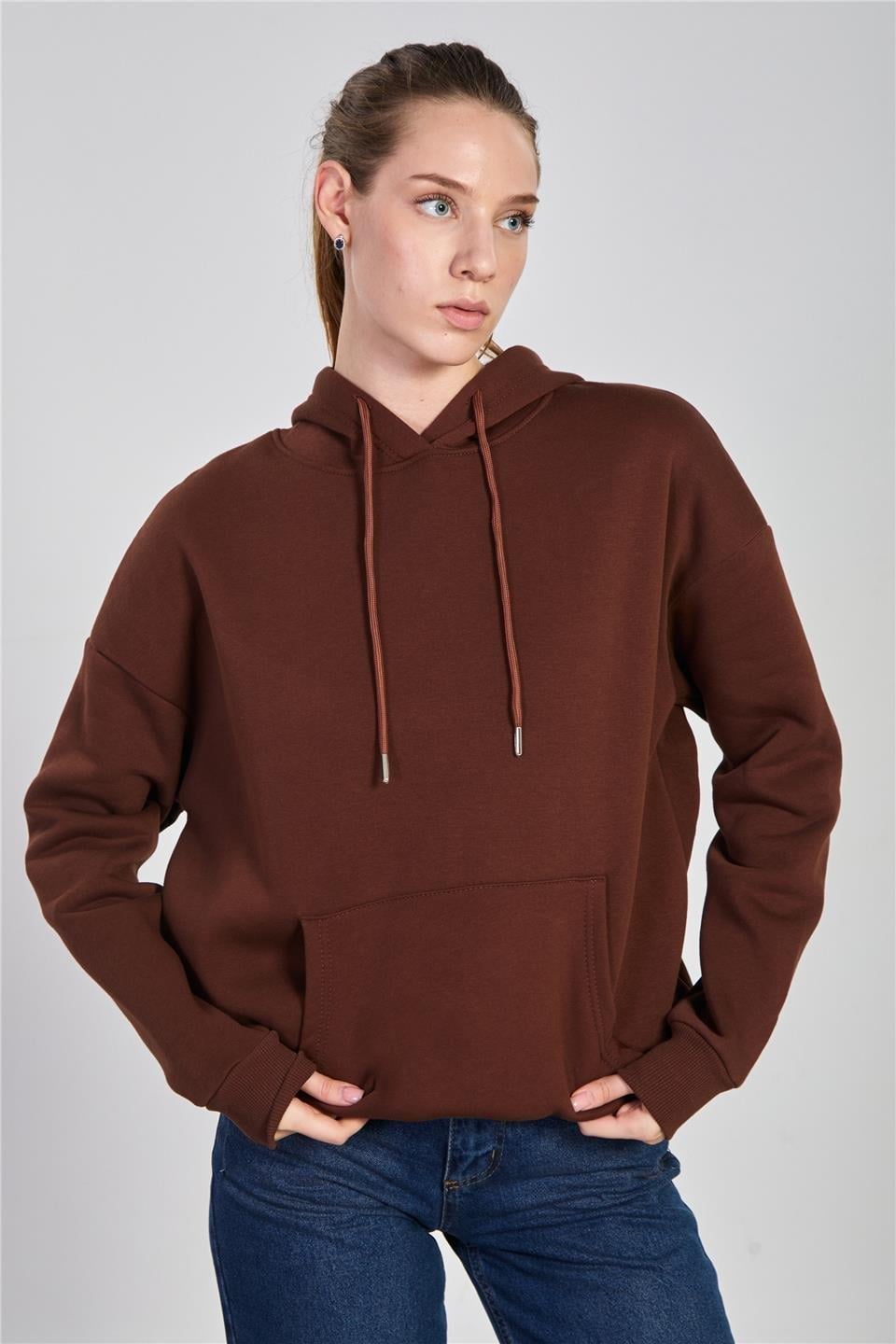 Kapüşonlu kanguru cepli sweatshirt-9490 - Kahve