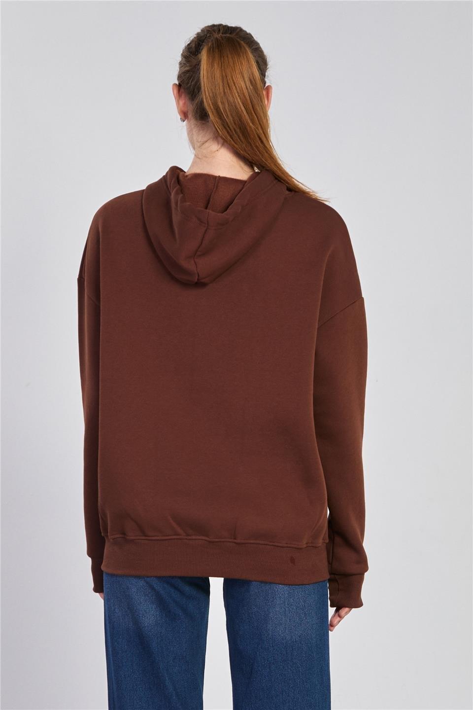 Kapüşonlu kanguru cepli sweatshirt-9490 - Kahve