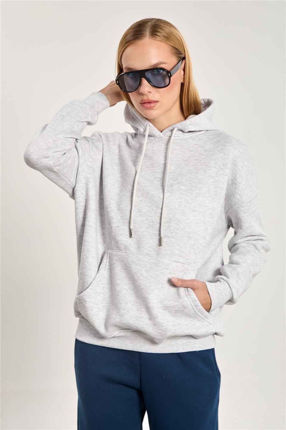 Kapüşonlu kanguru cepli sweatshirt-9490 - Kar Melanj