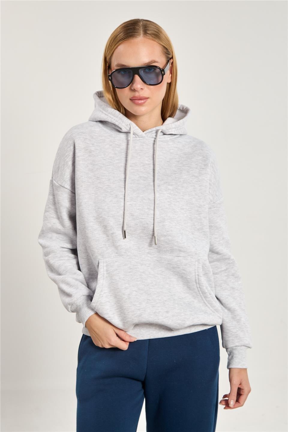 Kapüşonlu kanguru cepli sweatshirt-9490 - Kar Melanj