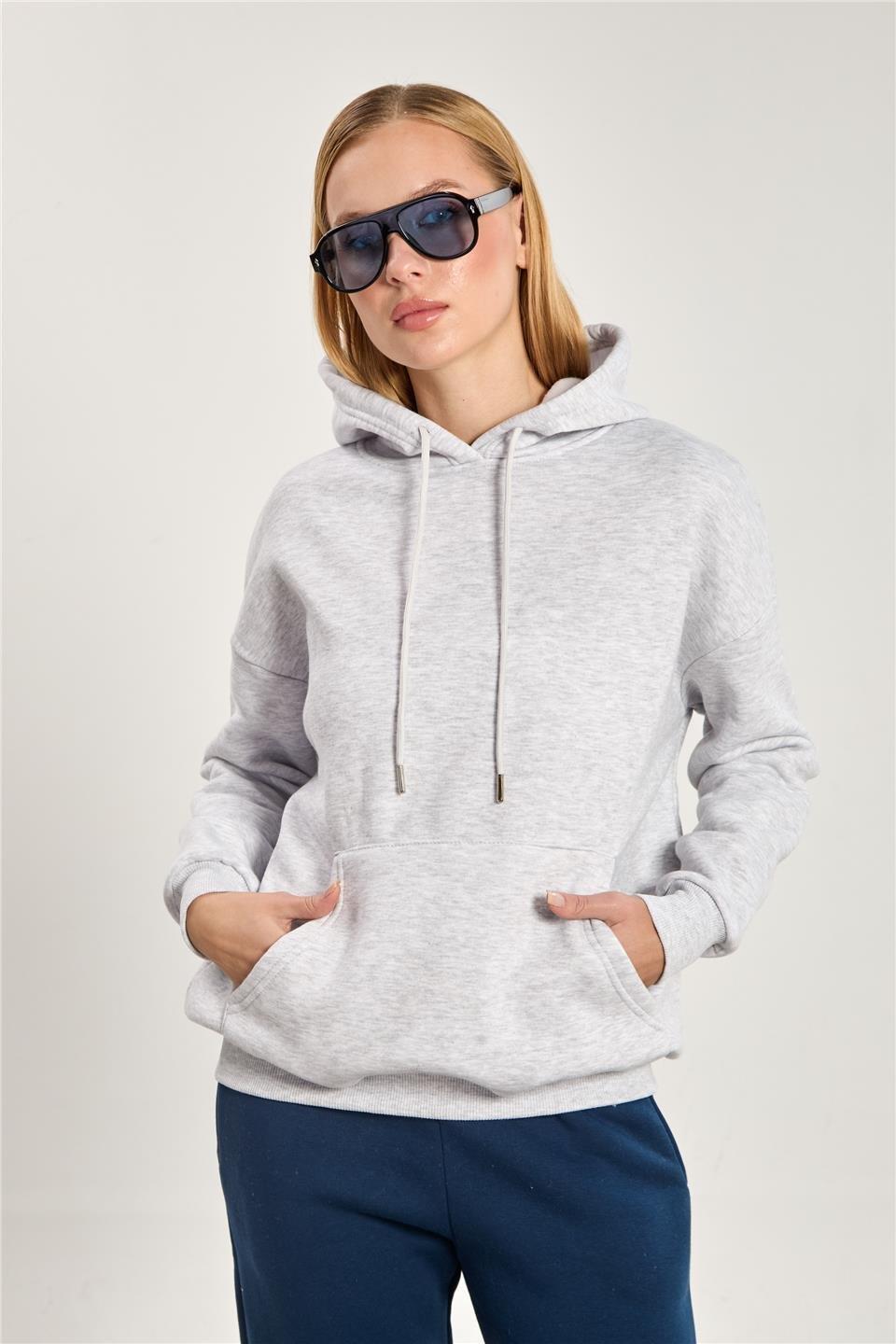 Kapüşonlu kanguru cepli sweatshirt-9490 - Kar Melanj