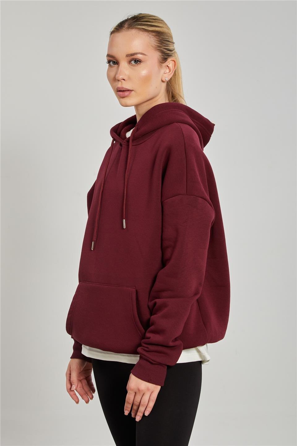 Kapüşonlu kanguru cepli sweatshirt-9490 - Vişne