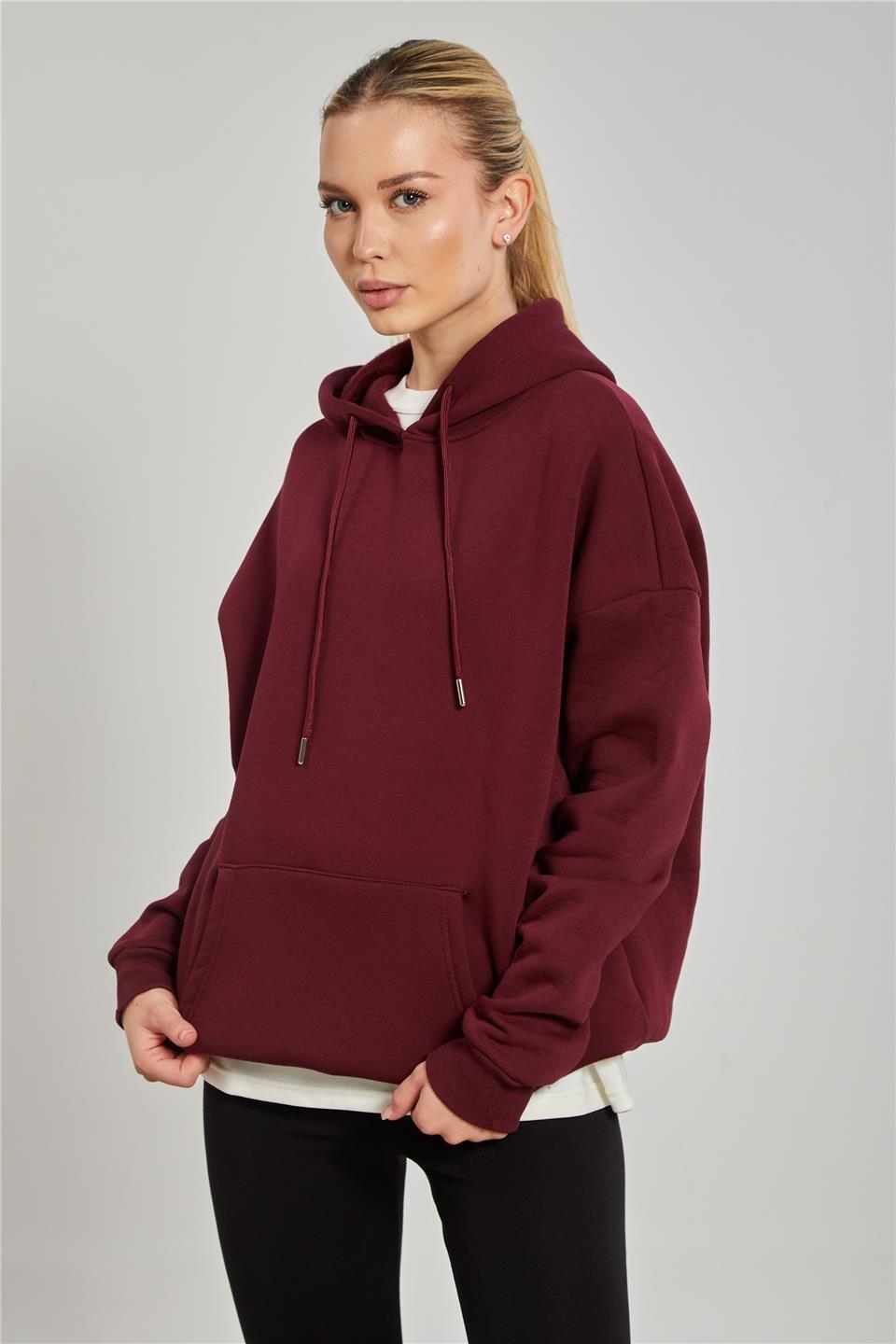 Kapüşonlu kanguru cepli sweatshirt-9490 - Vişne