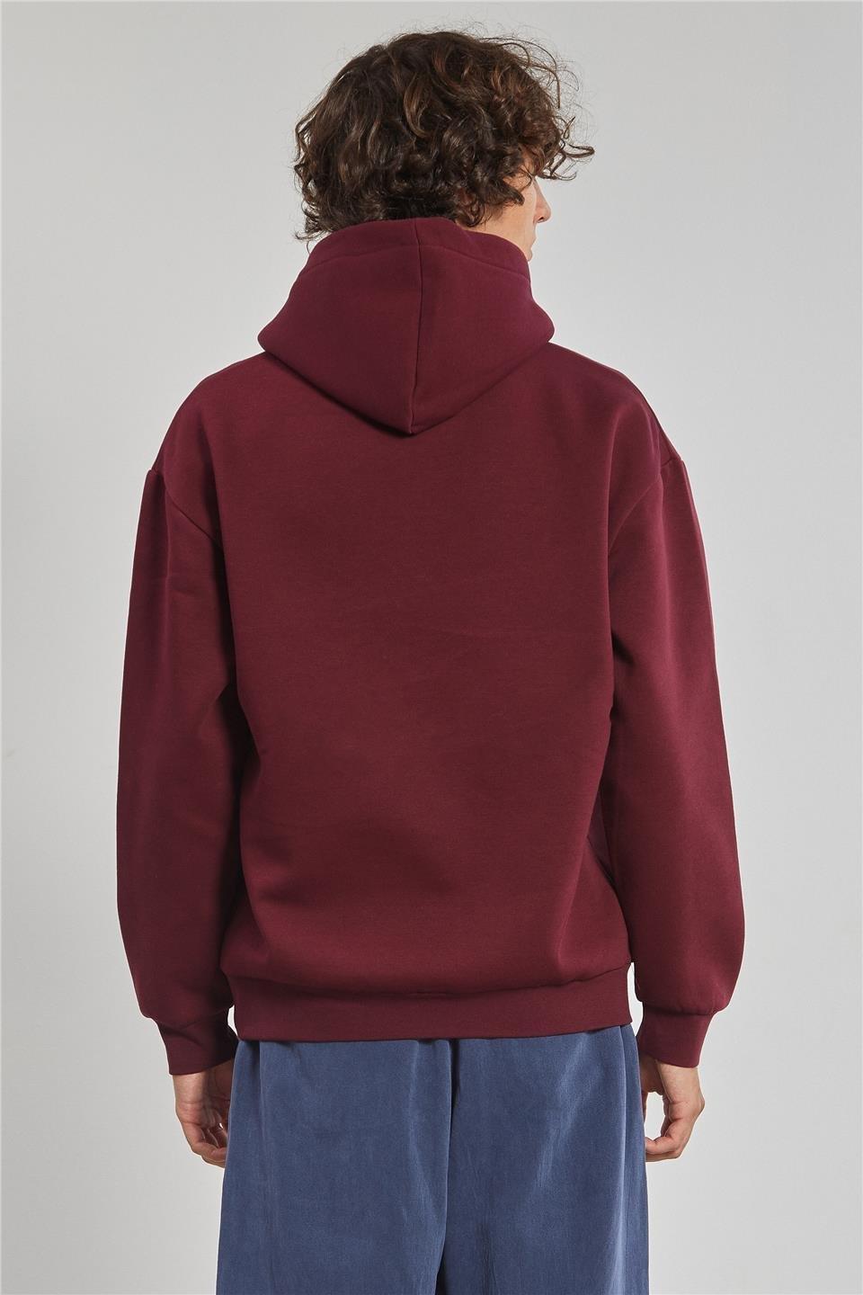 Kapüşonlu kanguru cepli sweatshrt-5281 - Vişne
