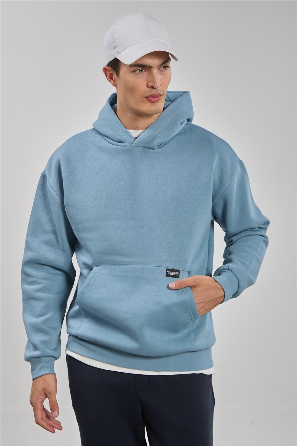 Kapüşonlu kanguru cepli sweatshrt-5281 - S.Blue