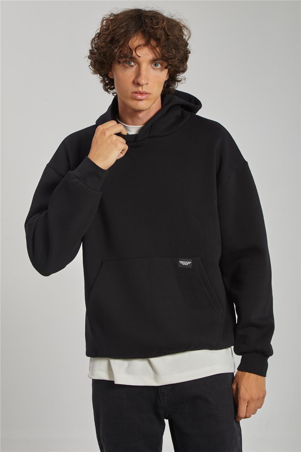 Kapüşonlu kanguru cepli sweatshrt-5281 - Siyah