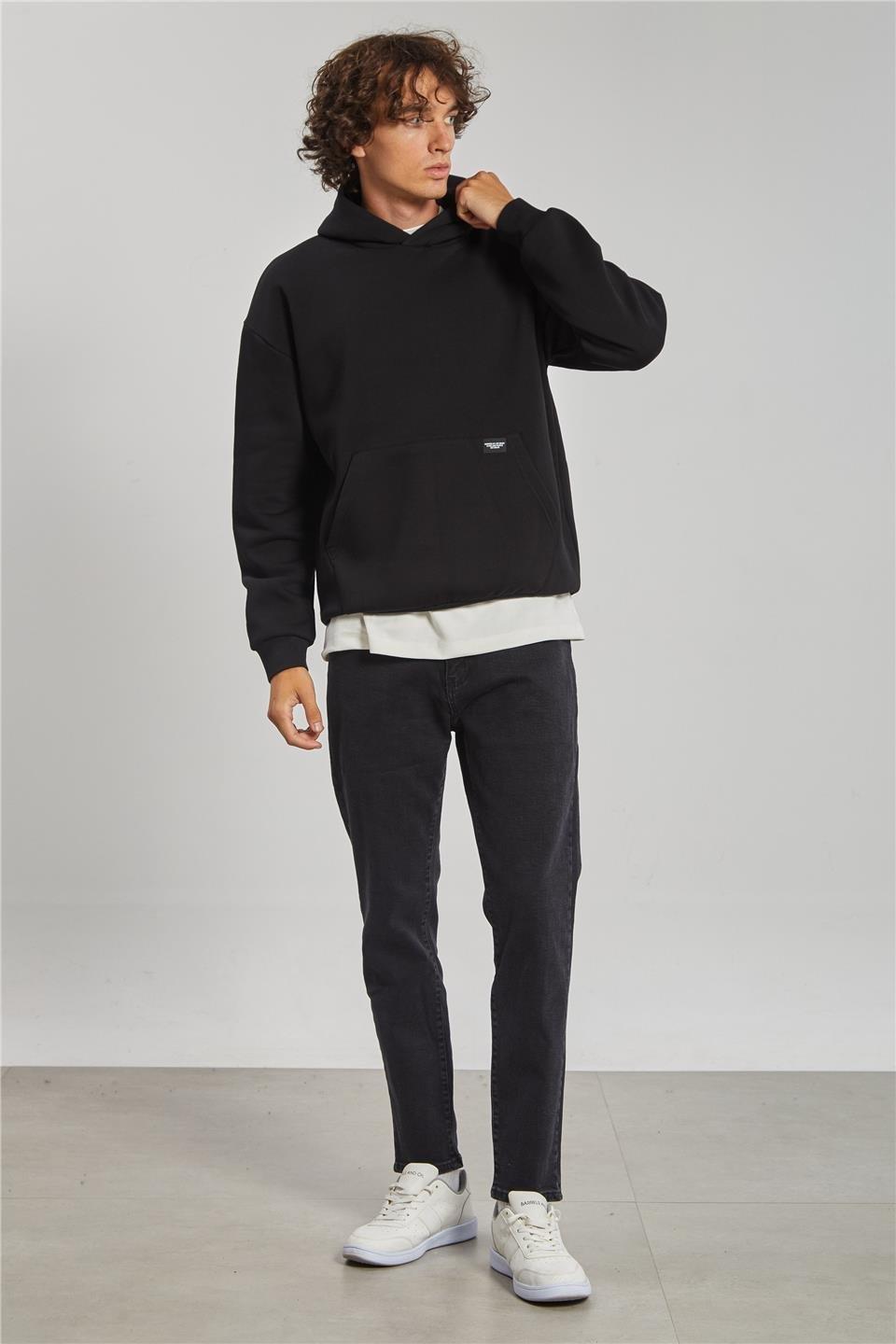 Kapüşonlu kanguru cepli sweatshrt-5281 - Siyah