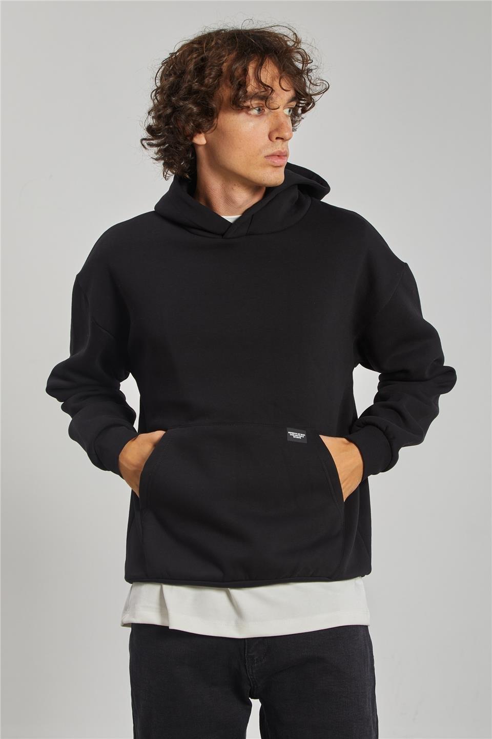 Kapüşonlu kanguru cepli sweatshrt-5281 - Siyah