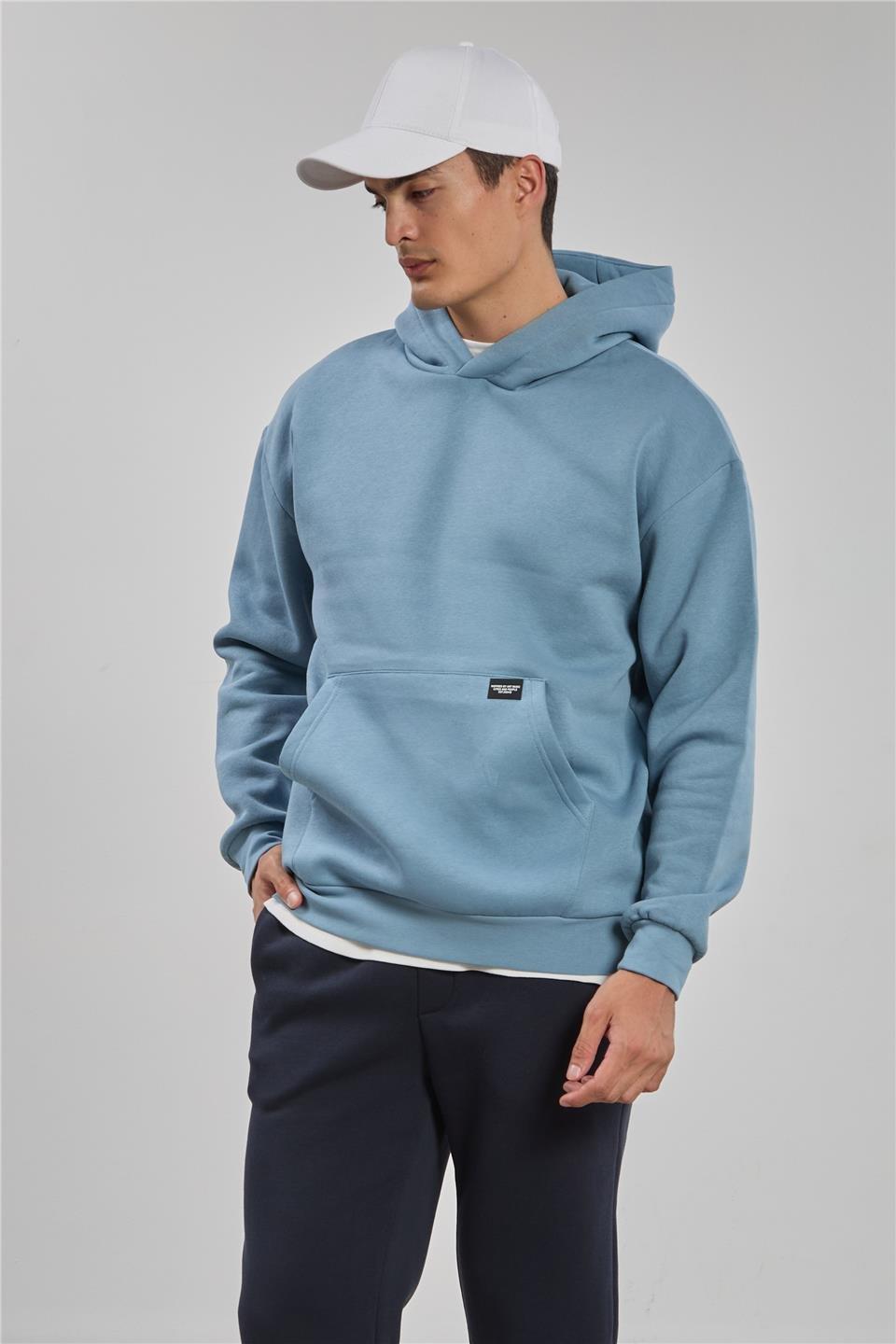 Kapüşonlu kanguru cepli sweatshrt-5281 - S.Blue