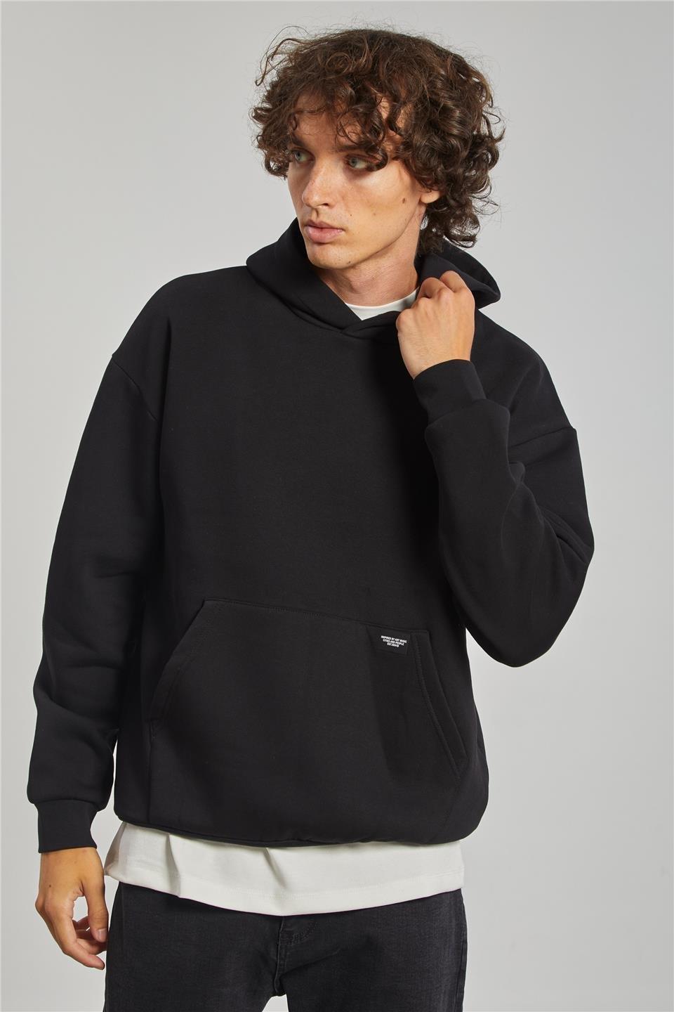Kapüşonlu kanguru cepli sweatshrt-5281 - Siyah