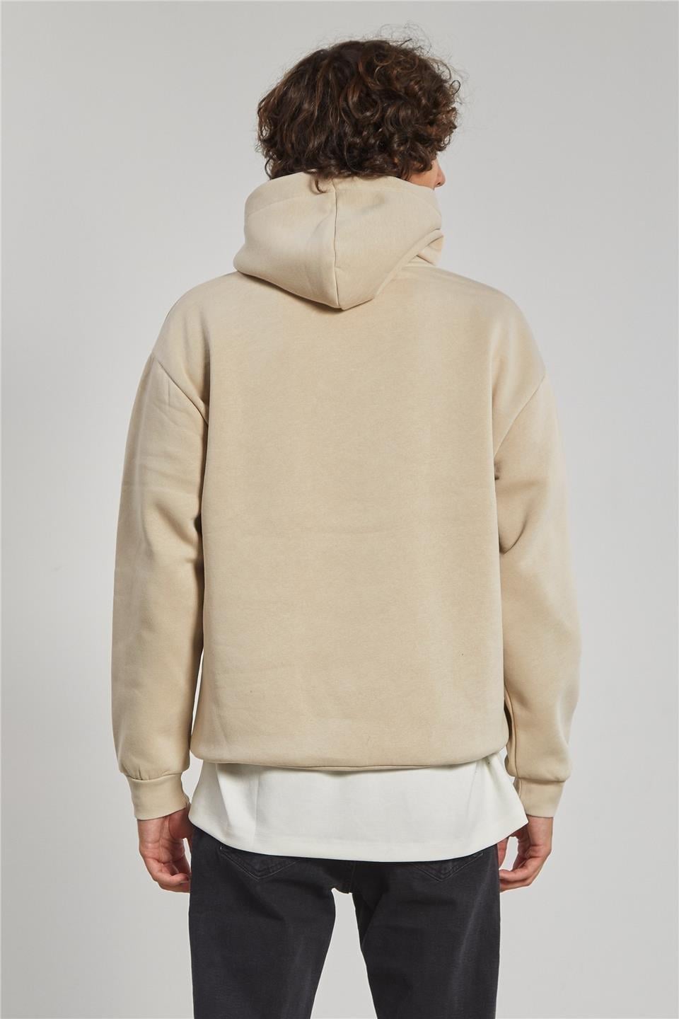 Kapüşonlu kanguru cepli sweatshrt-5281 - Kum Gri