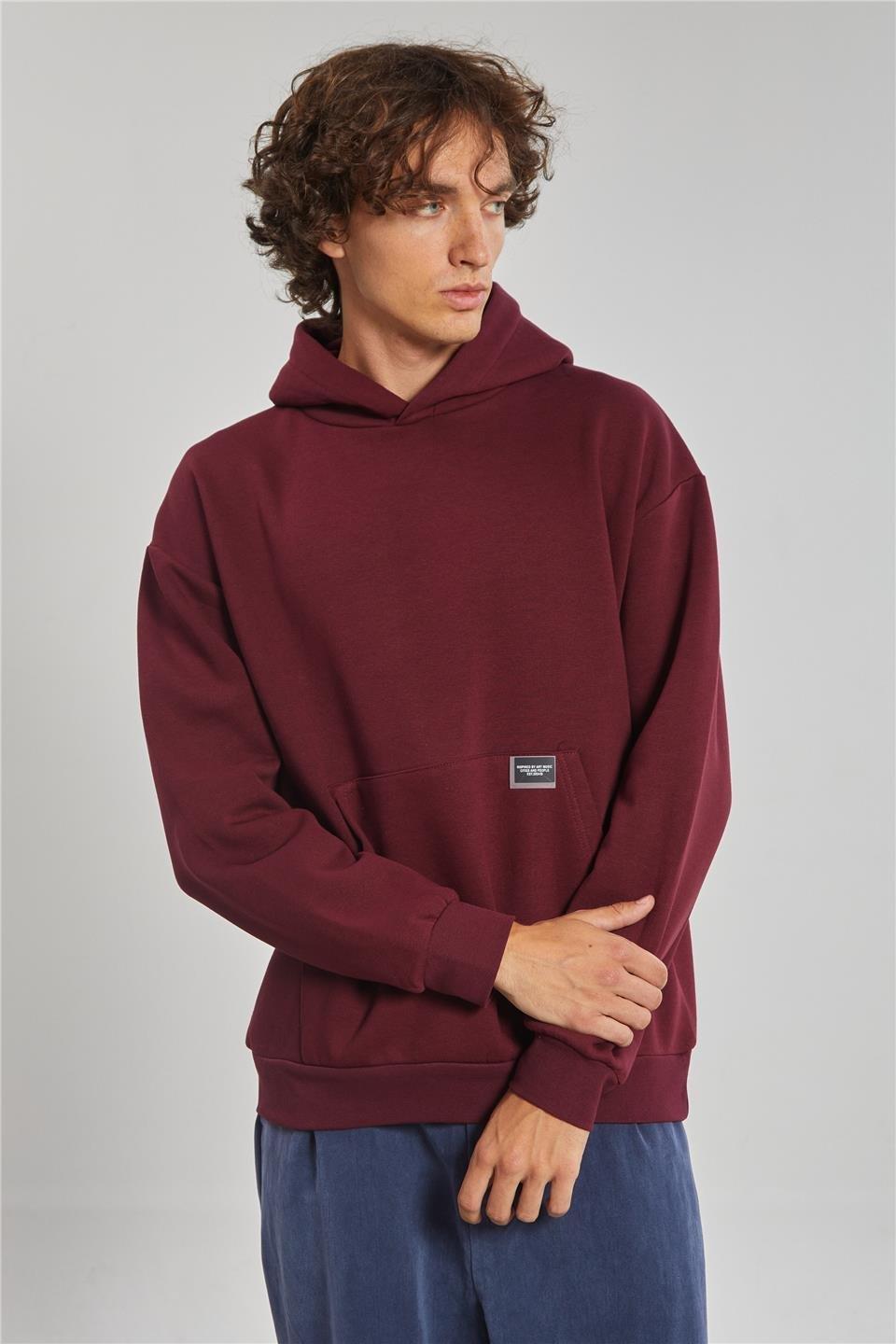 Kapüşonlu kanguru cepli sweatshrt-5281 - Vişne