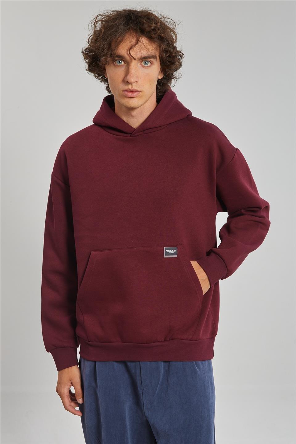 Kapüşonlu kanguru cepli sweatshrt-5281 - Vişne