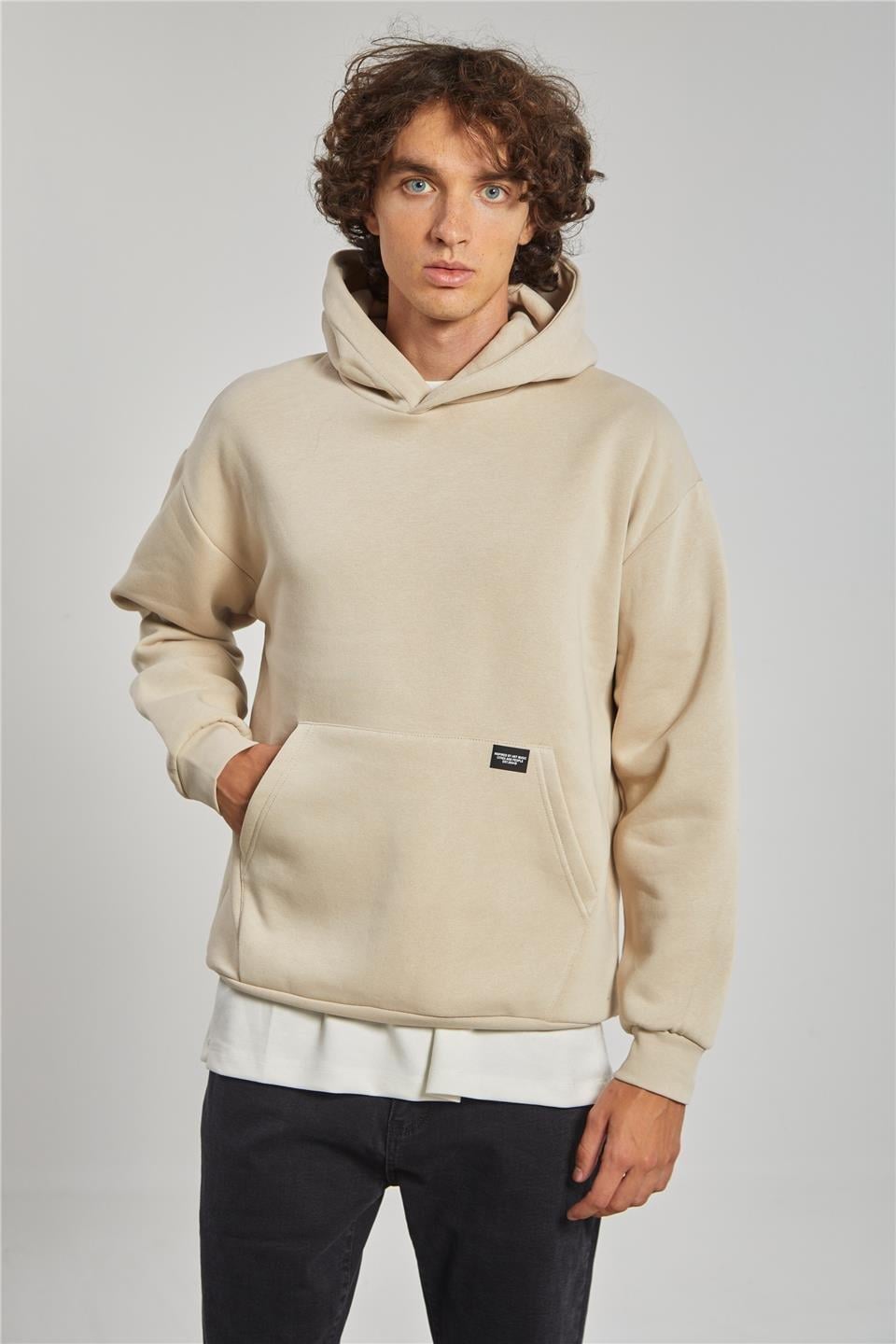 Kapüşonlu kanguru cepli sweatshrt-5281 - Kum Gri