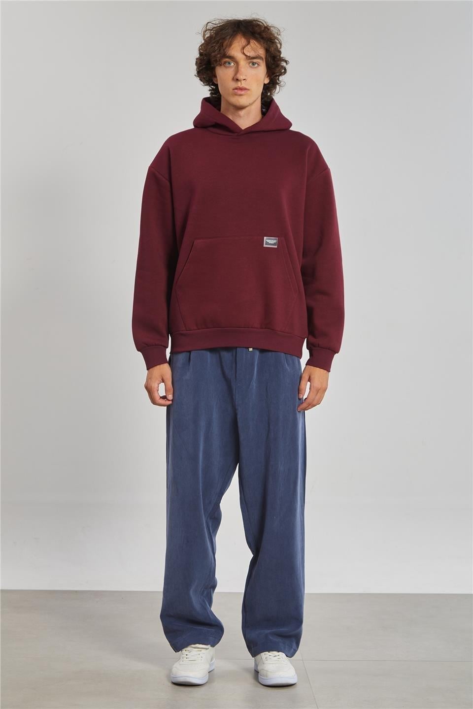 Kapüşonlu kanguru cepli sweatshrt-5281 - Vişne