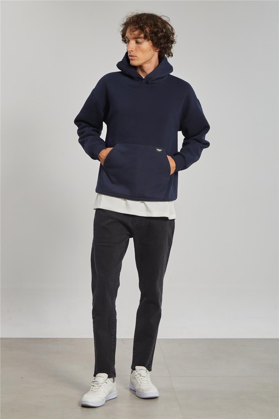 Kapüşonlu kanguru cepli sweatshrt-5281 - Lacivert