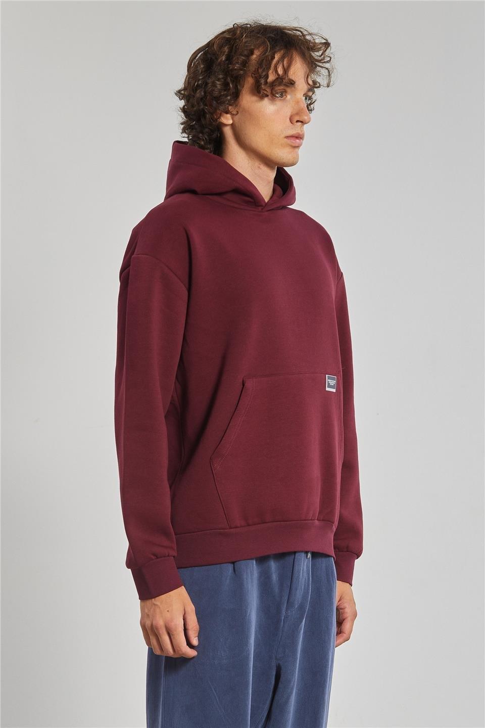 Kapüşonlu kanguru cepli sweatshrt-5281 - Vişne