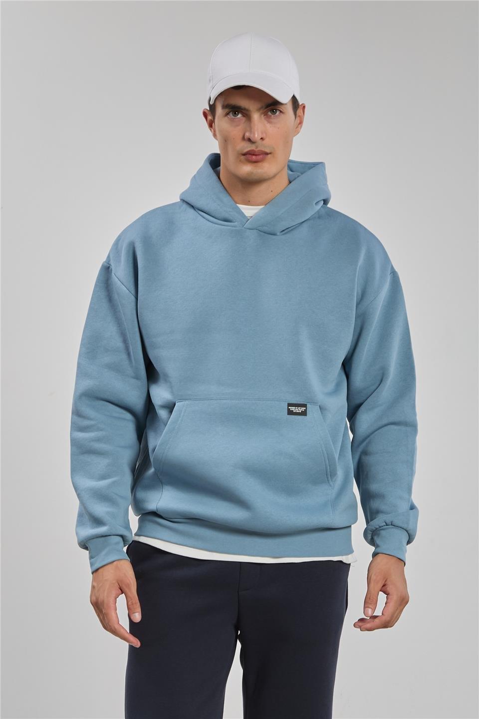 Kapüşonlu kanguru cepli sweatshrt-5281 - S.Blue