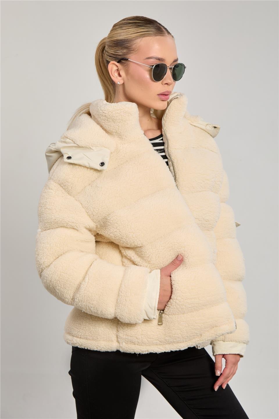 Kapüşonlu peluş kabartma şişme mont-2639 - Taş